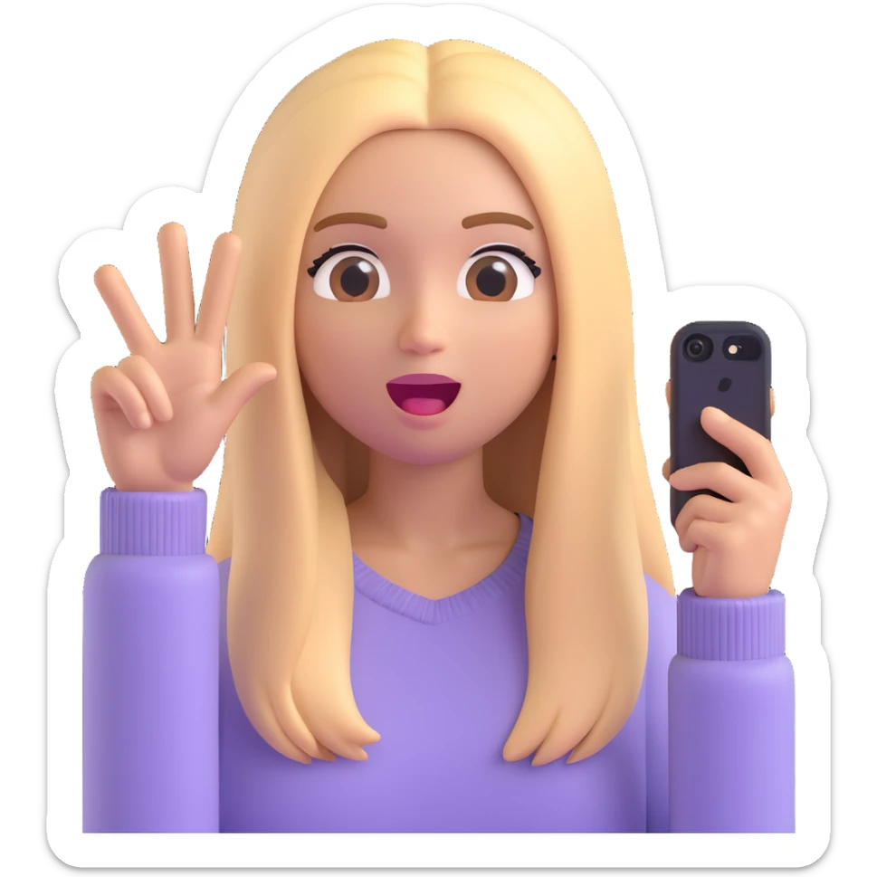 3D emoji style character with long straight blonde hair, light skin, surprised expression, wearing a light sweater, selfie pose sticker
