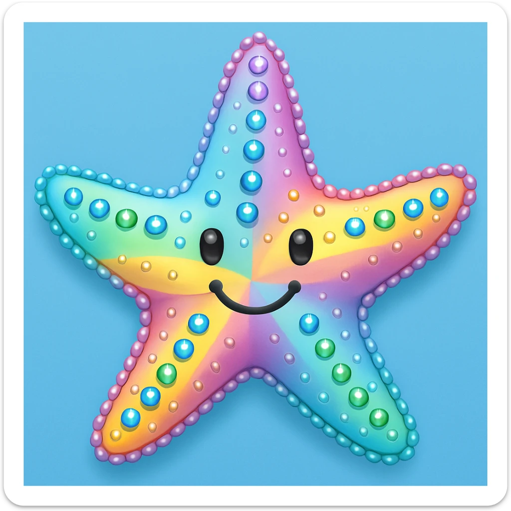 Add a soft blue background behind the apple emoji style rainbow pastel sea star with gems, keep the emoji style and all details. The style should resemble the original apple emoji style with rainbow pastel colors and gem details. sticker