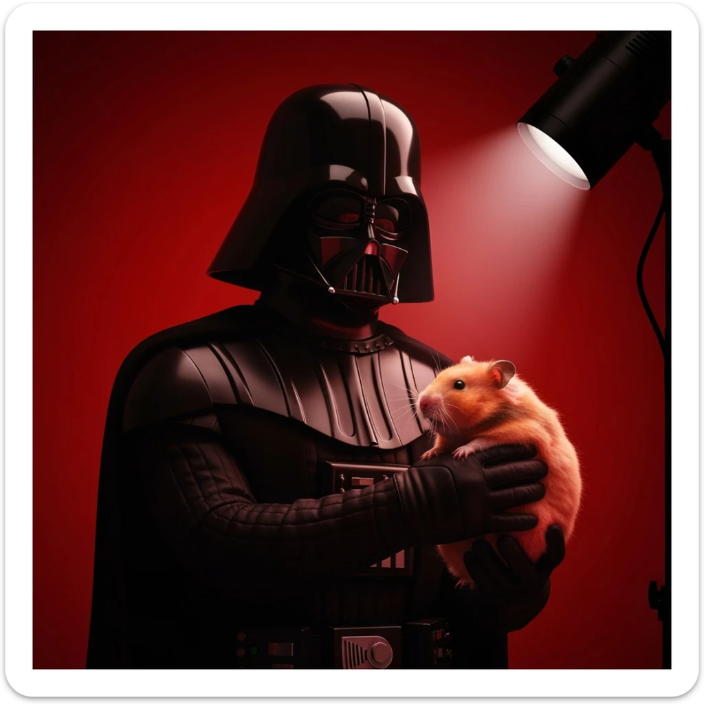 Extreme Closeup Photo of a darth vader holding big hamster, low key light, red solid background with leading lines, back light, spot light sticker