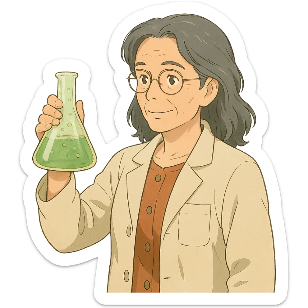 woman science teacher with long graying hair, holding a beaker, in ghibli style sticker