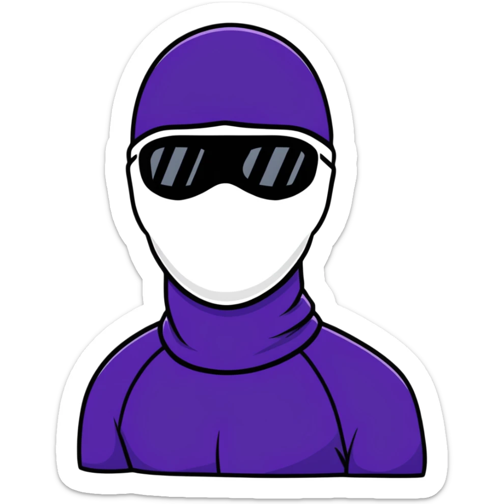 shirtless athletic man with white skin, wearing a purple balaclava face mask and purple sunglasses with black tinted lenses sticker