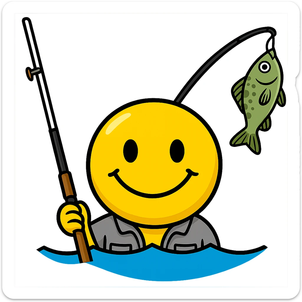 Remove the fishing cap and add a fish to the end of the fishing pole, keep the style the same, with no background. sticker