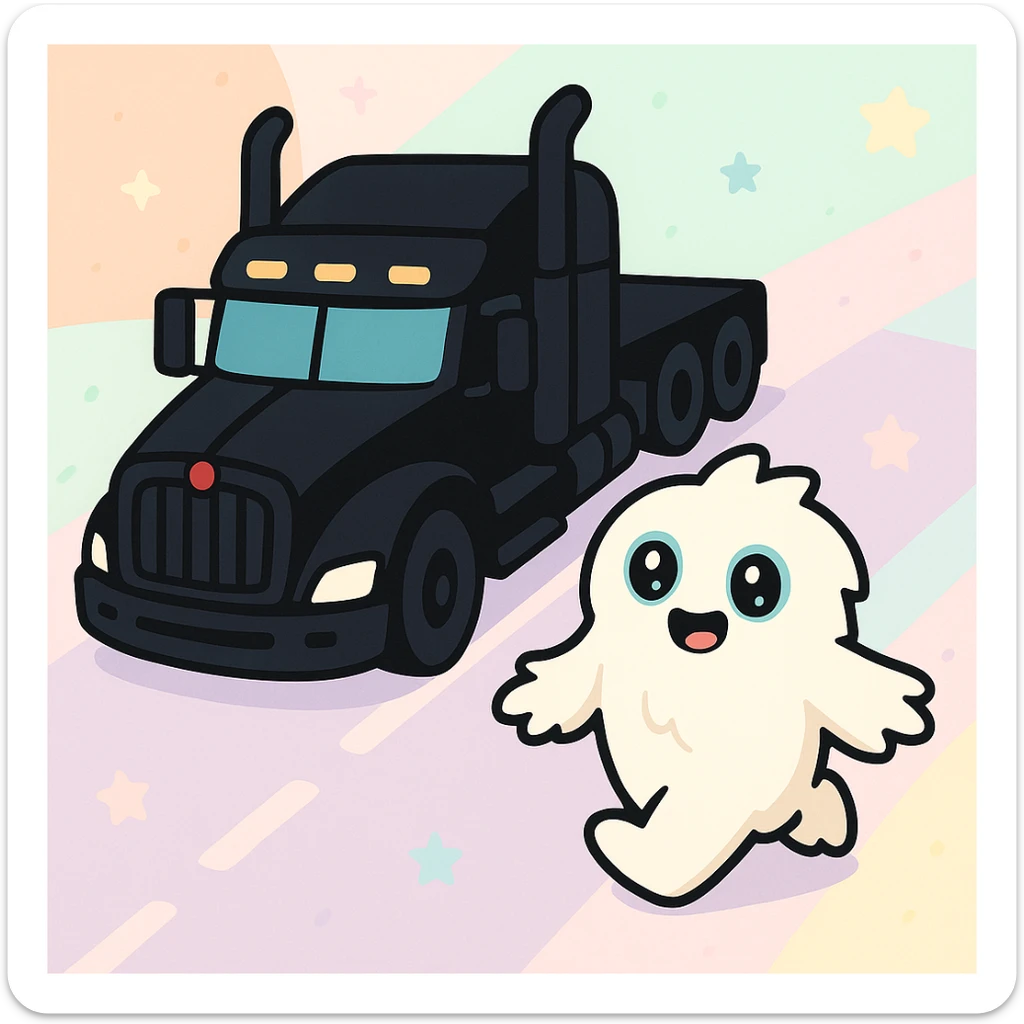 Put the small furry abominable snowman on a road in front of the black Kenworth W680 flat top semi truck, top-down colorful and playful style, no text, with a visible road background. sticker