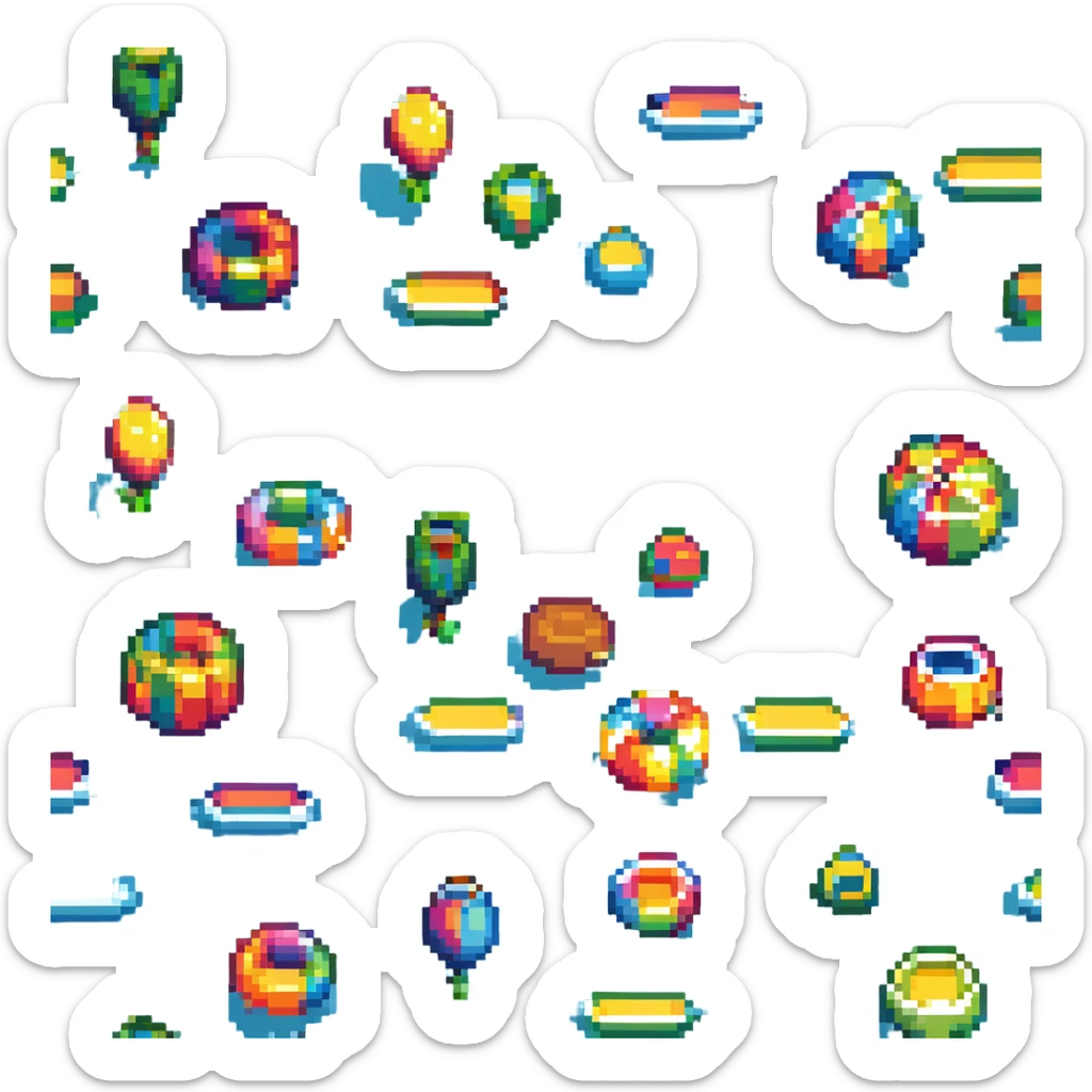 Add colorful floating pool toys to the pool, maintaining the pixel art style and playful party vibe. sticker