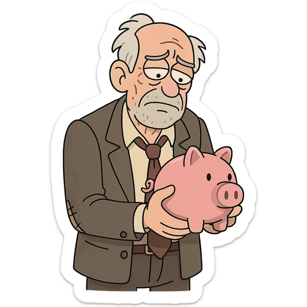 ex billionaire, wearing old suit, holding a piggy bank, cartoon style sticker