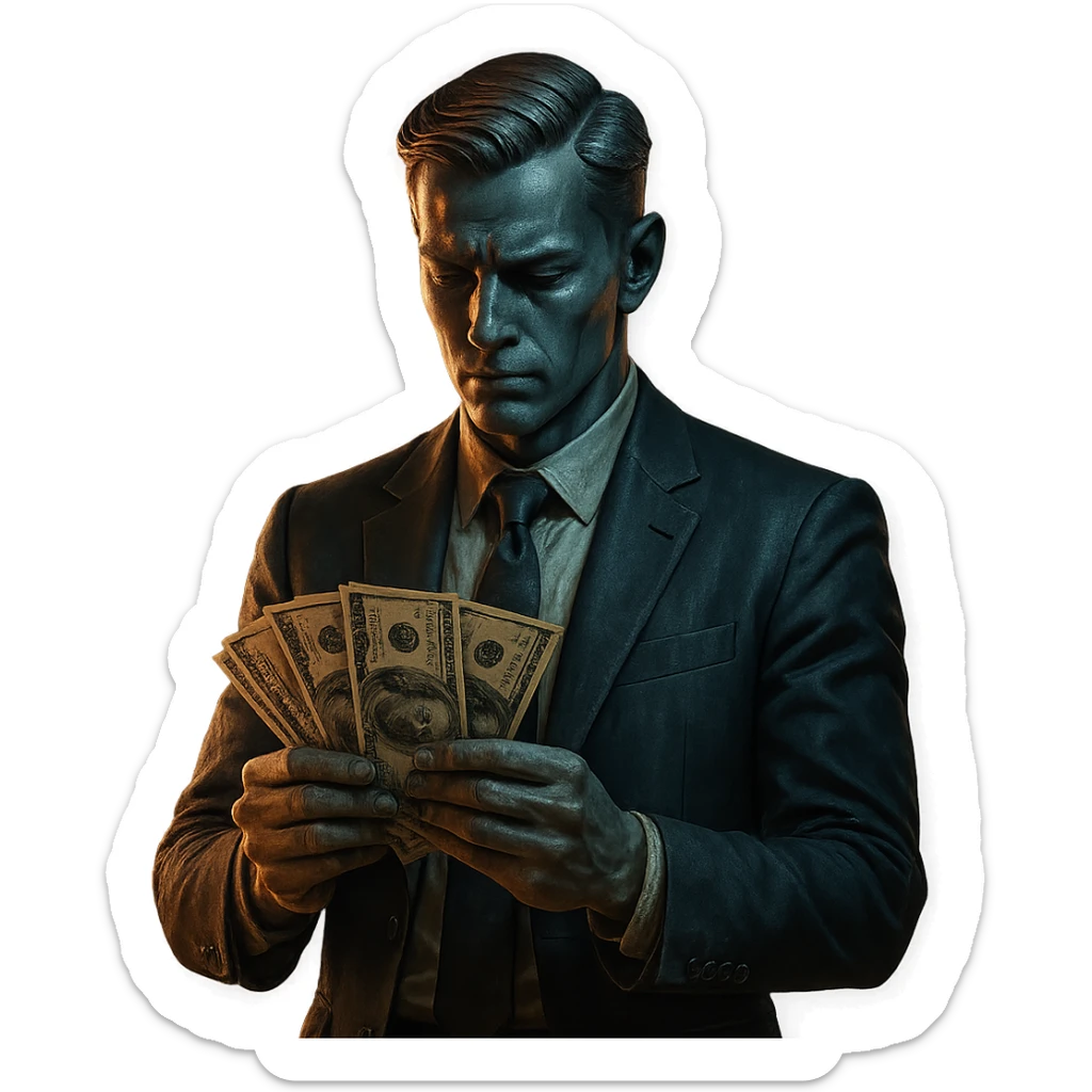 business man with money in his hands cinematic mannequin style sticker