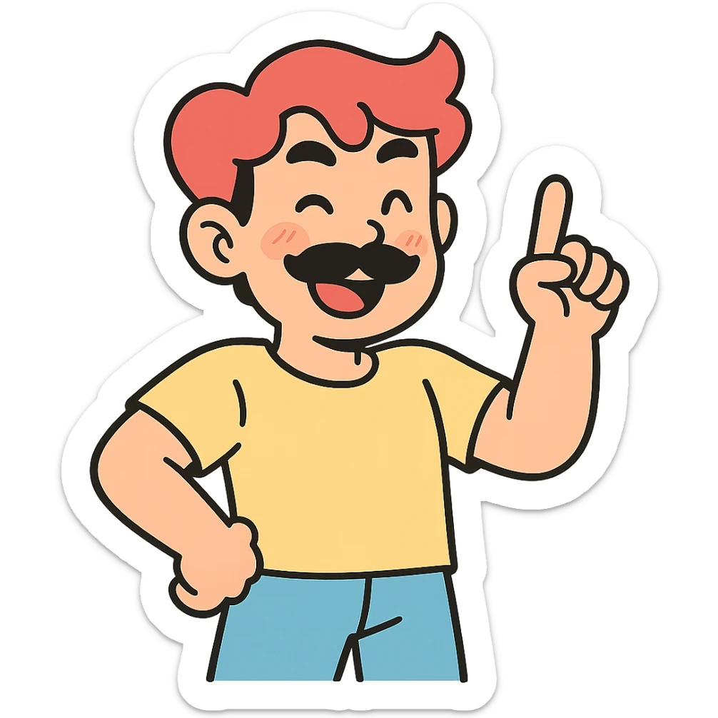 asian man with black mustache and red hair, 90's anime style, pastel toon style sticker