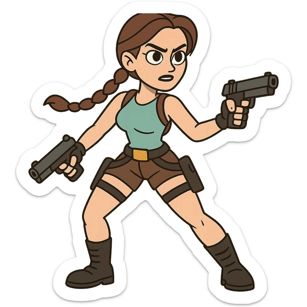 Cartoon version of a female adventurer, Lara Croft inspired, with iconic outfit, ready for action sticker