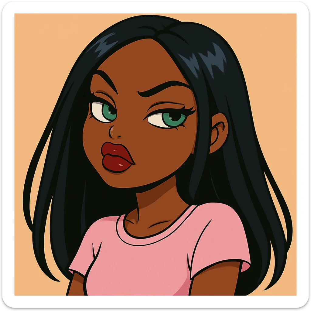 Change her outfit to a more casual style, headshot only, 20-year-old anime Bratz style woman with dark skin, straight hair, big expressive eyes, glossy lips, no hat, no tears, confident and aloof expression, snooty attitude, nose turned up. Maintain the anime Bratz style and the described facial features and expression. sticker