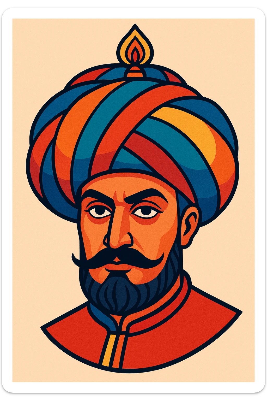 stylized portrait of Sultan Murad IV, head only, detailed turban, elegant mustache, artistic and colorful sticker