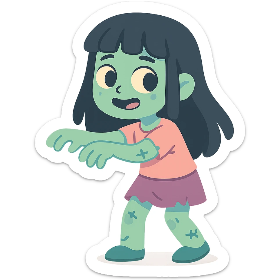 a zombie girl with black long hair and bangs, pastel toon style, soft colors, gentle sticker