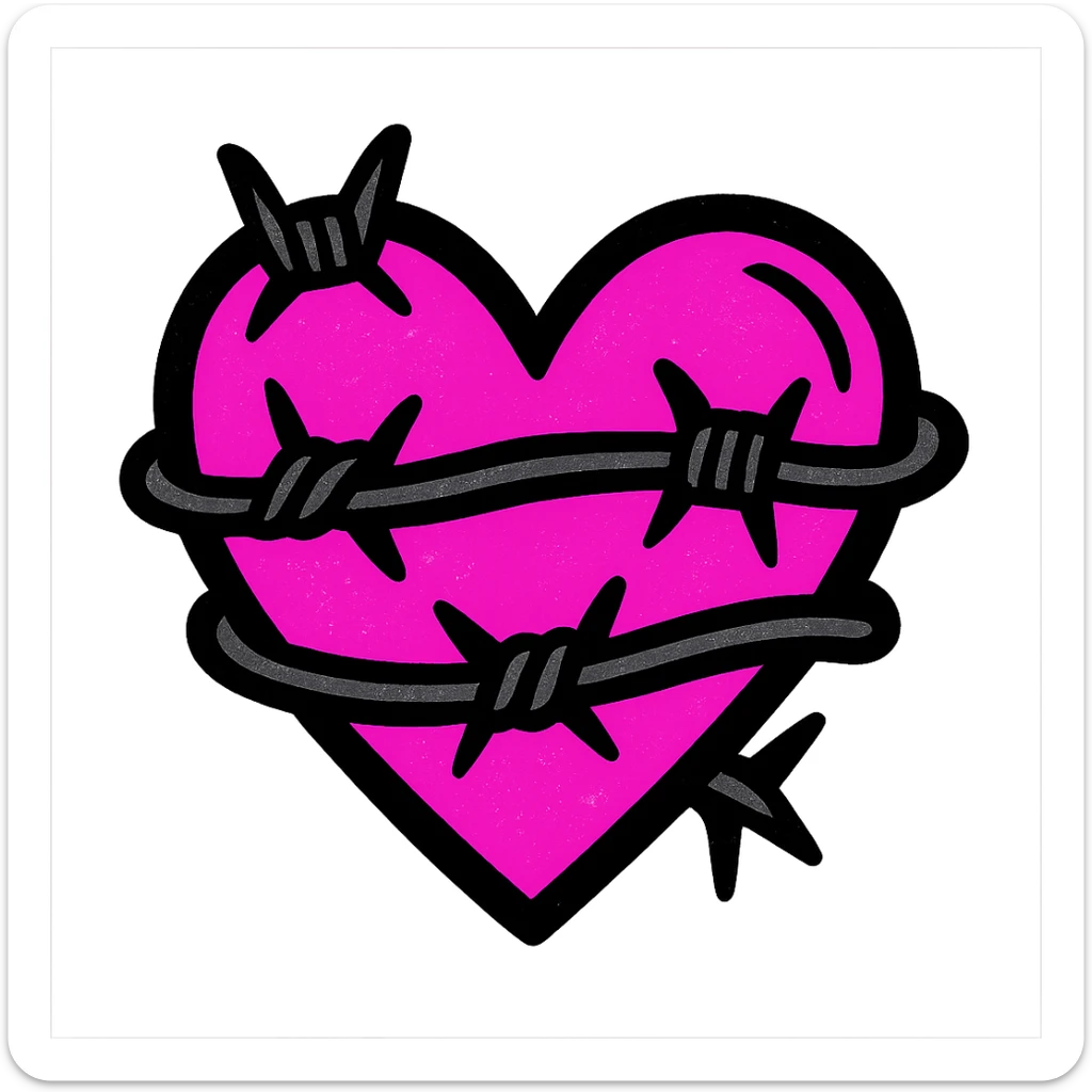 gothic heart with barbed wire, pink and black colors, pop colors style sticker