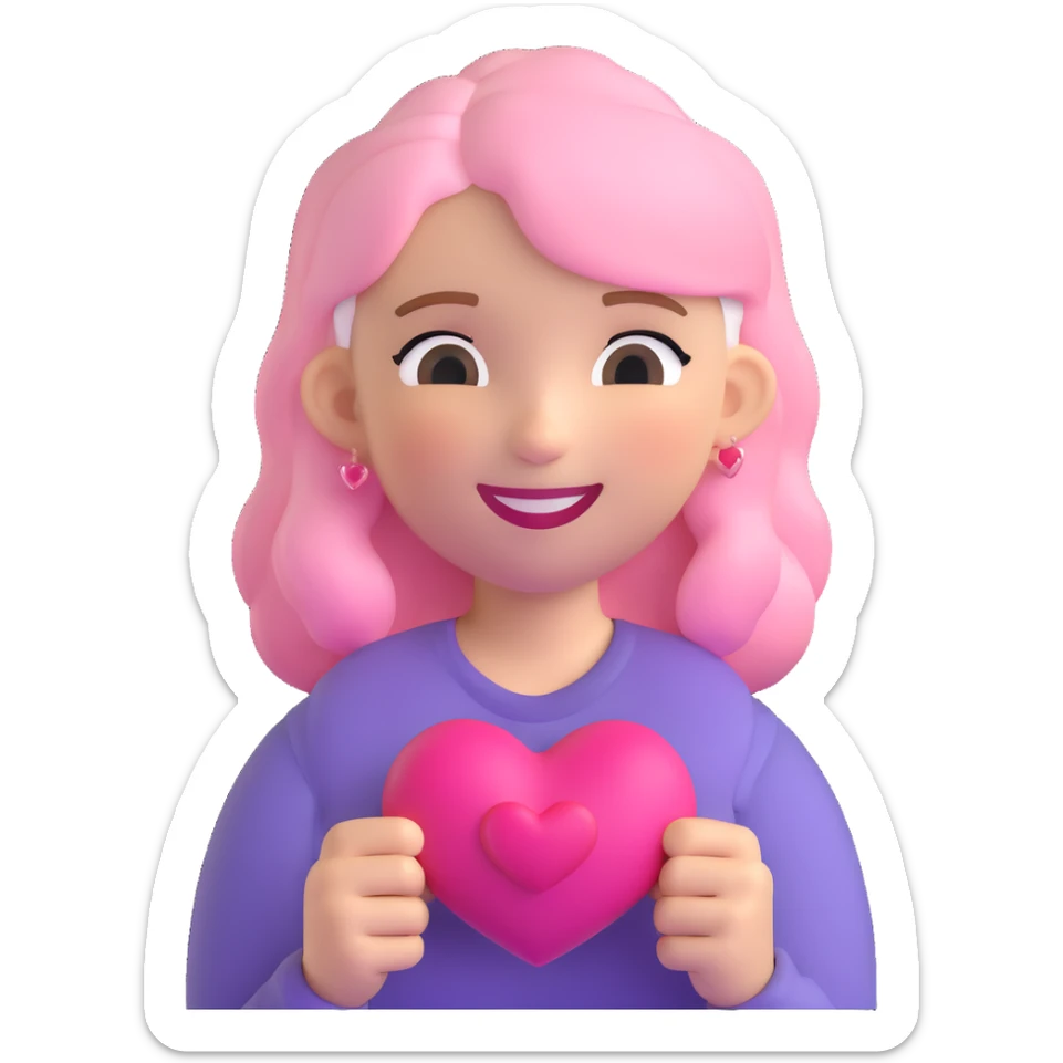 girl with pink and white hair, smiling, holding a heart, 3D emoji style sticker