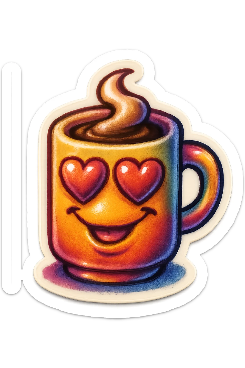 coffee cup creature, big heart eyes, dopey smile sticker