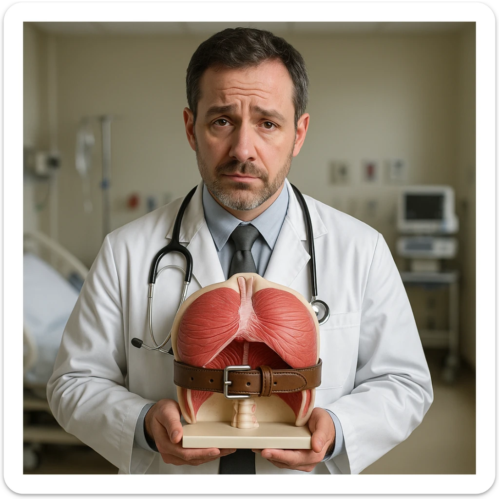 realistic doctor with an anatomical model of the diaphragm locked by a tight belt, empathetic expression, clinical details, hospital environment, no cartoon elements, hyper realistic style sticker