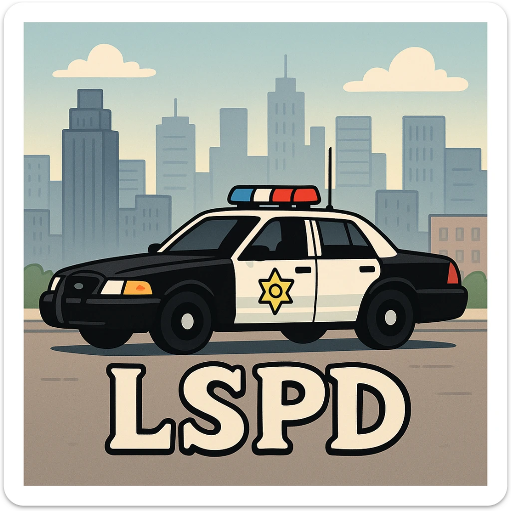 Make the police car black and white, add a city background, and add the caption 'LSPD' in a cartoon style. sticker