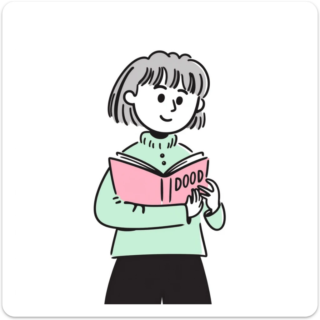 A girl with short light brown hair holding a pink book, wearing a mint shirt sticker