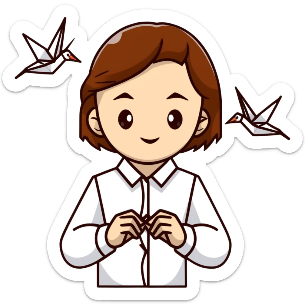 A happy Ukrainian young girl with brown hair in a white embroidered shirt makes an origami of a yellow and blue crane sticker
