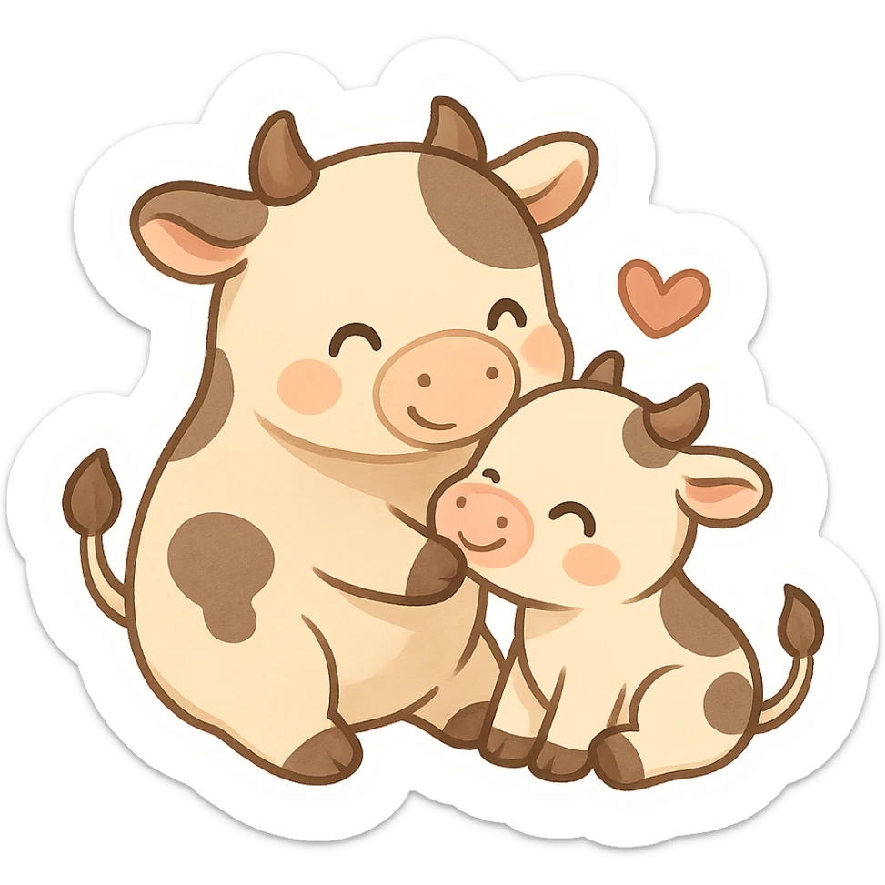 chibi cartoon sticker of a cow and a calf (گا و نیر), loving and playful style sticker