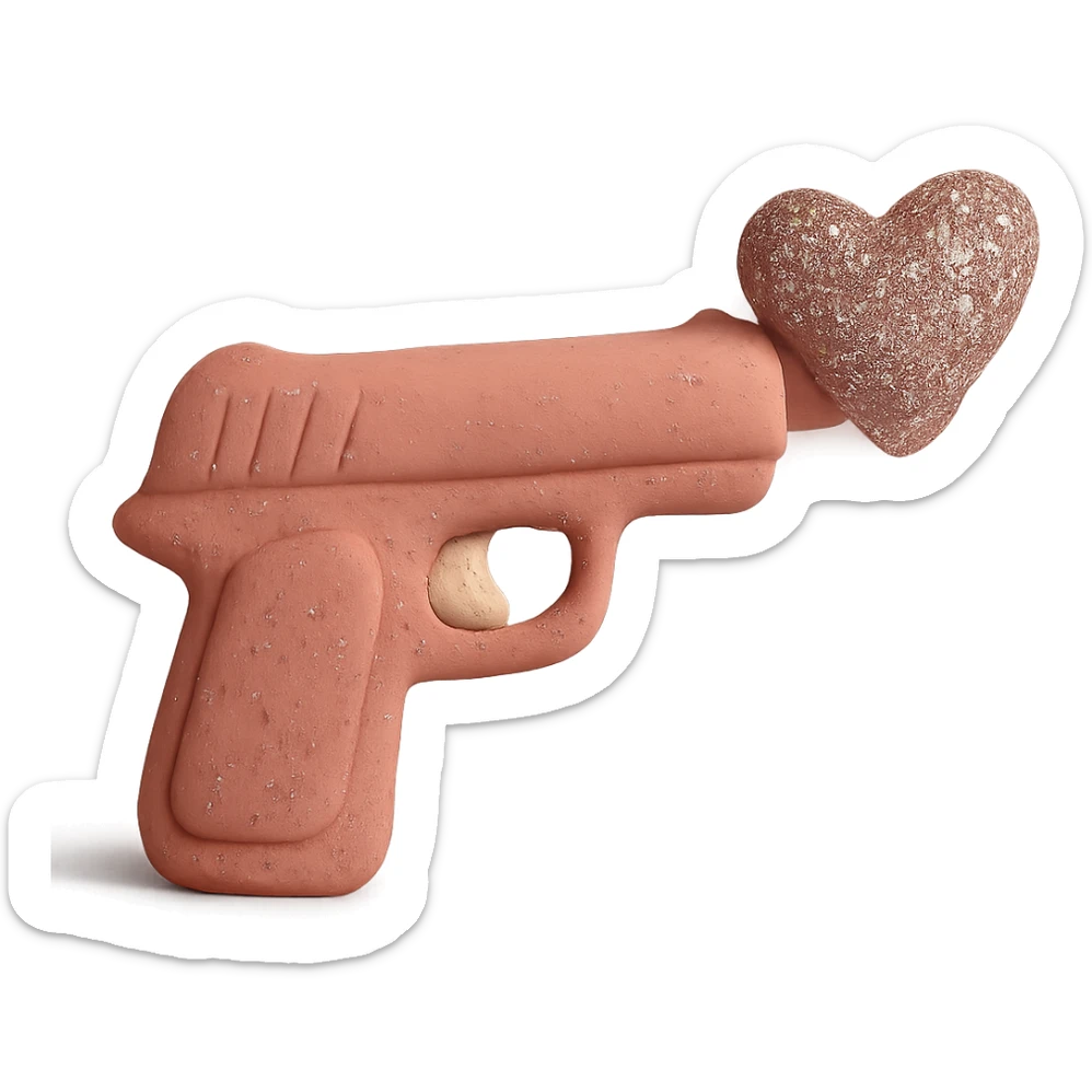 Add sparkling glitter details to the claymation pink heart pistol, keeping the soft pastel colors and visible fingerprints, with no background. sticker
