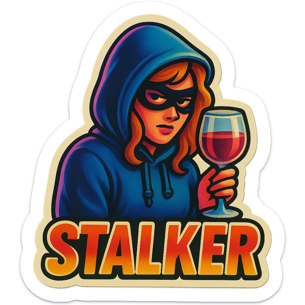 A sticker of a female stalker with a glass of wine sticker