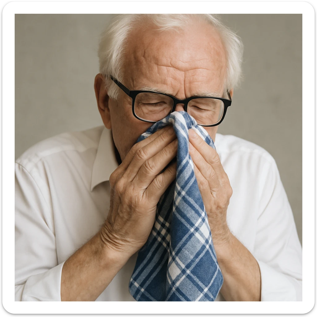 old man with white hair, white skin, black-framed glasses, wearing a white shirt, blowing his nose on a large thick blue and white checkered handkerchief sticker