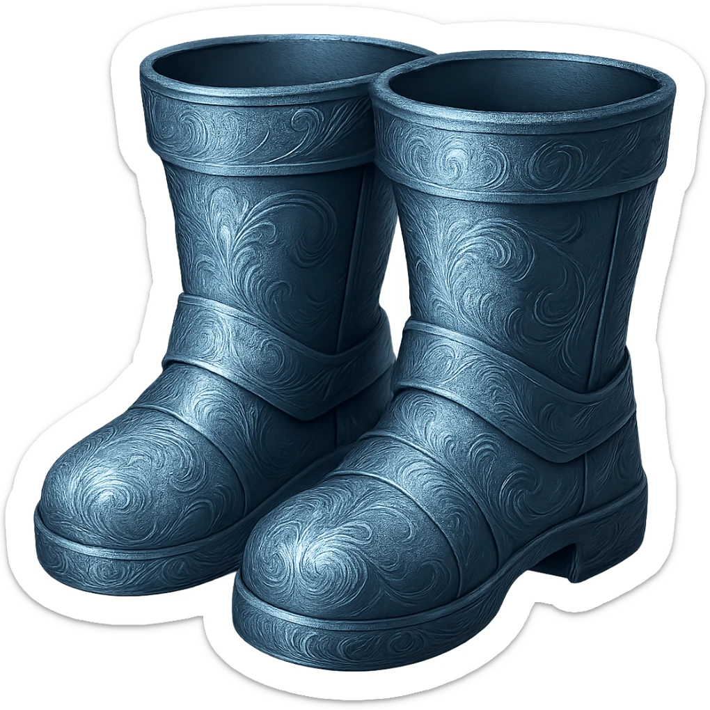 Recolor these boots to match the blueish-gray steel color and ornate engravings of the reference helmet. Emphasize the cool metallic finish and detailed engravings, matching the helmet exactly. Transparent background. sticker
