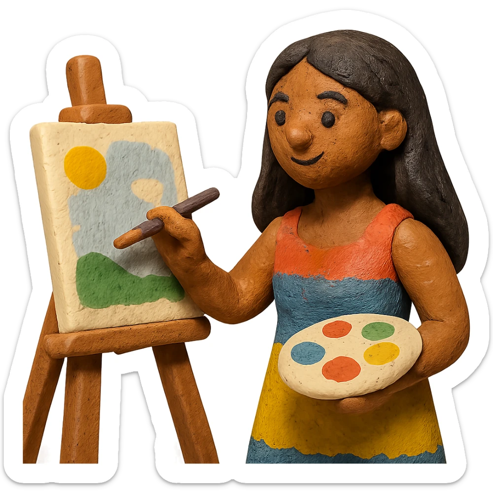 tanned woman artist with long black hair, wearing a colorful dress, painting at an easel, holding a palette and brush, claymation style sticker