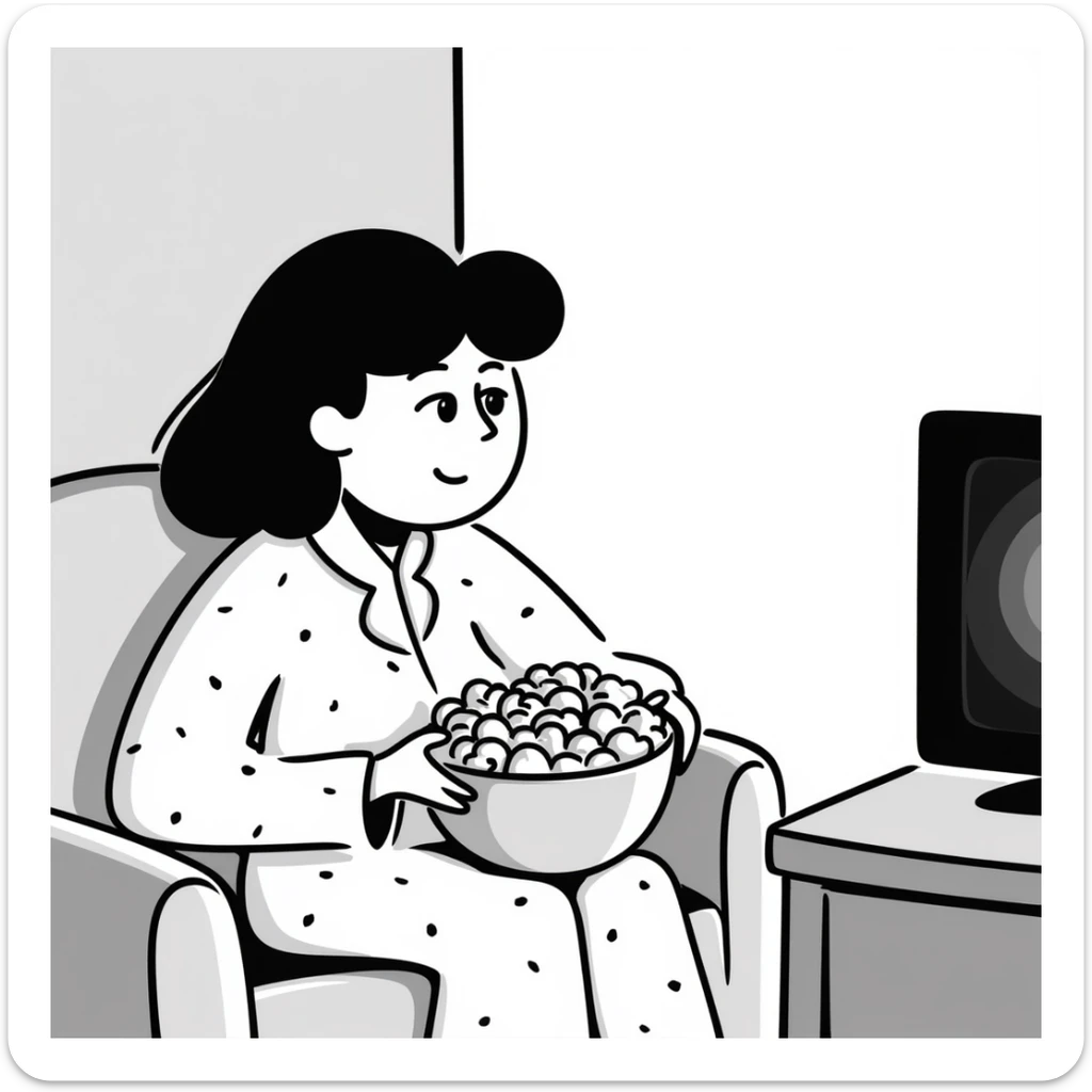 Hand-drawn person in pajamas watching movie at home with a big bowl of popcorn, tv light glowing sticker