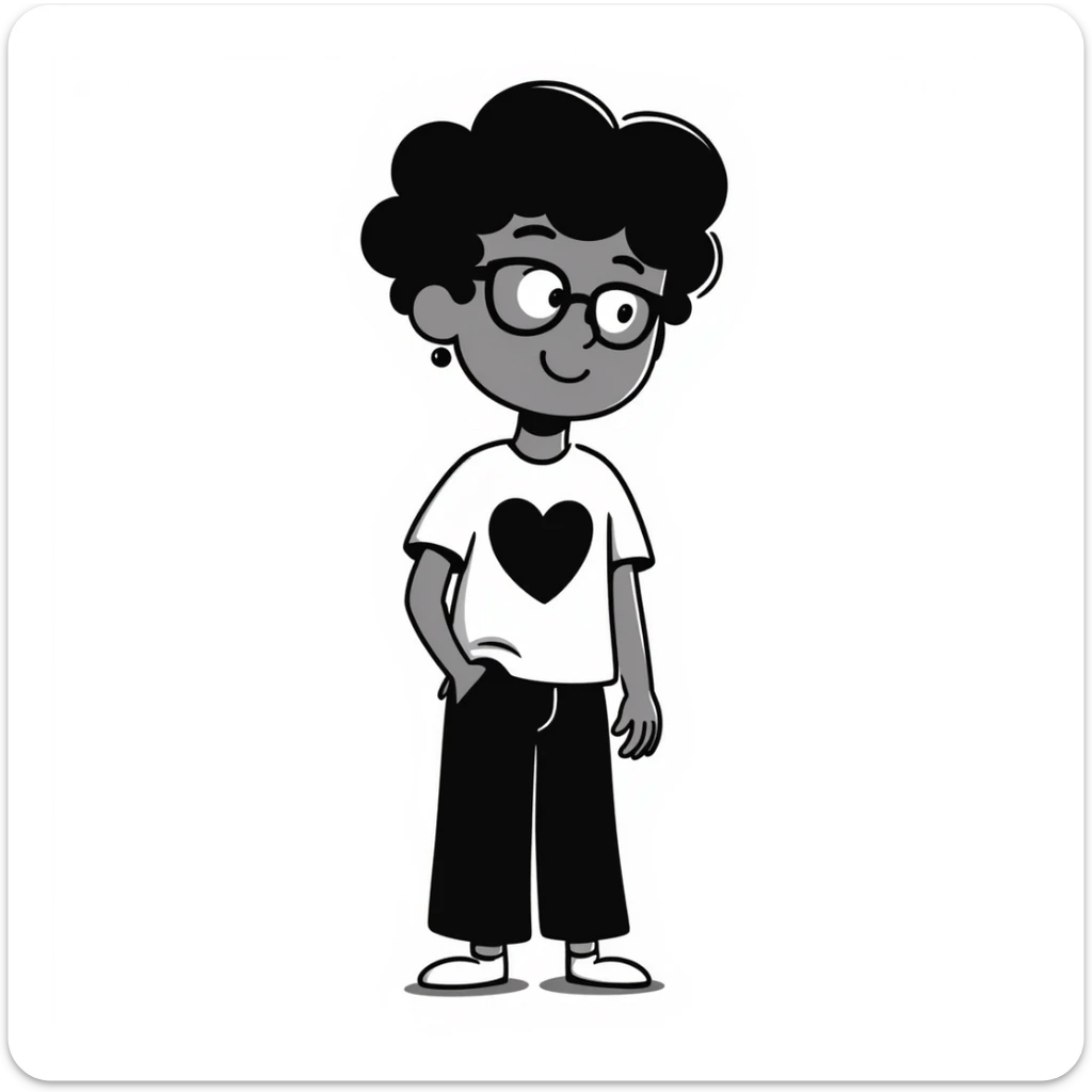 boy with curly hair and brown skin, wearing black glasses and earrings, hand-drawn doodle style sticker