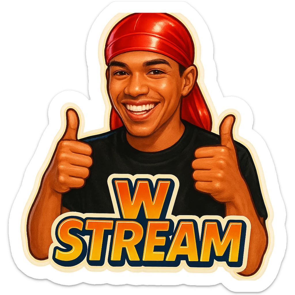 Make him Smiling With 2 thumbs up
Change His durag To Red
Add the words W Stream sticker
