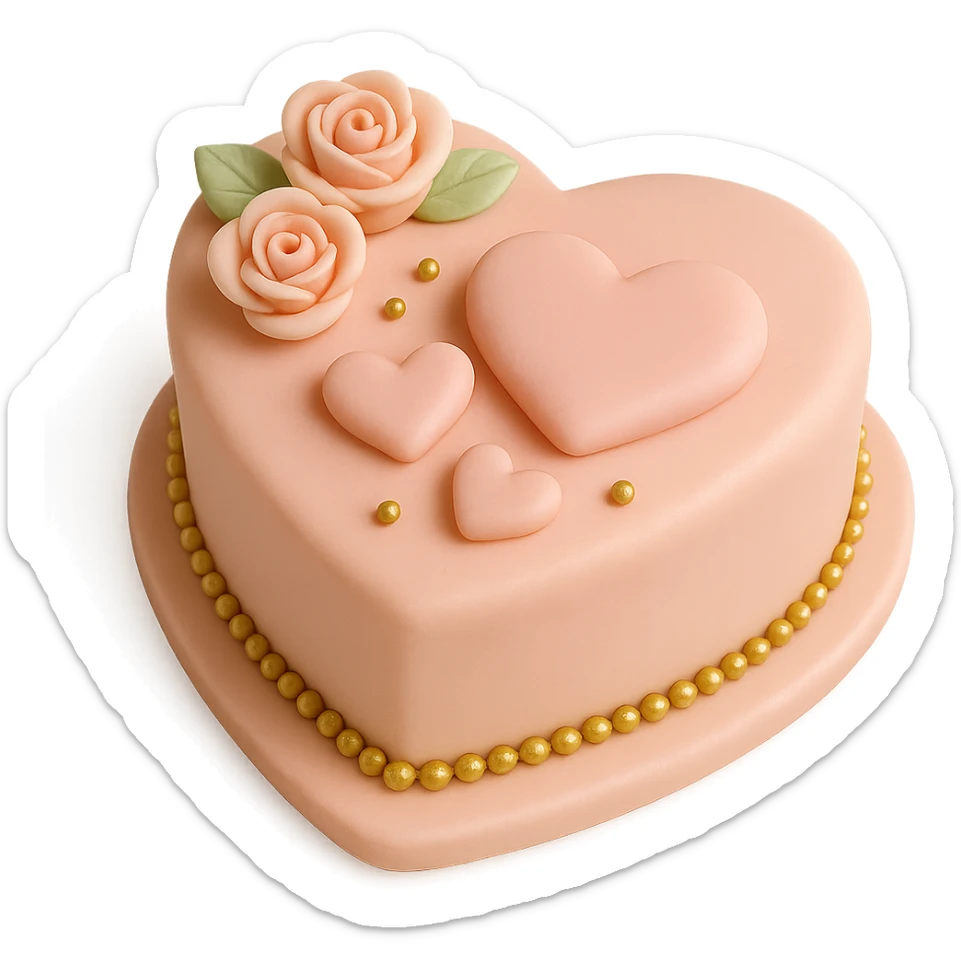 heart-shaped fondant cake with gold accents, transparent background sticker