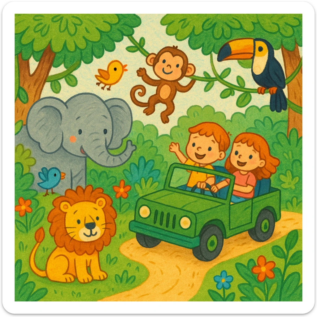 hand drawn digital illustration of jungle safari in the style of children's illustration sticker