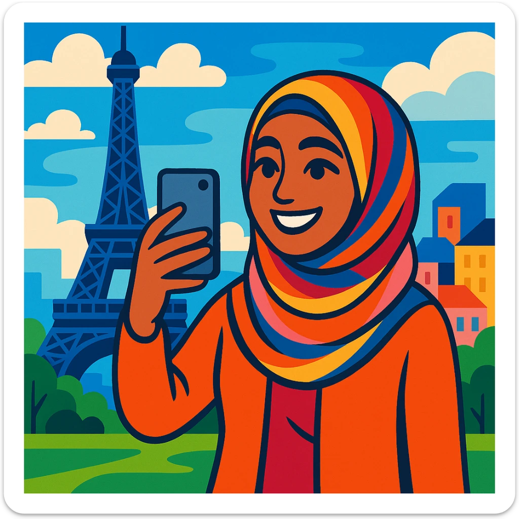 A hijabi woman taking a selfie with the Eiffel Tower behind her, smiling, wearing a colorful hijab, Paris cityscape, cheerful and modern. sticker