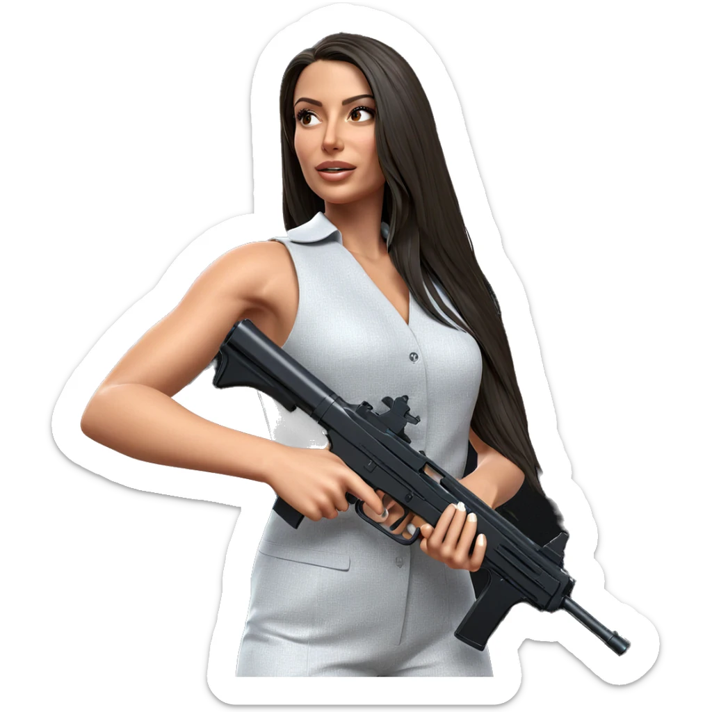 girl in formal attire with gun sticker
