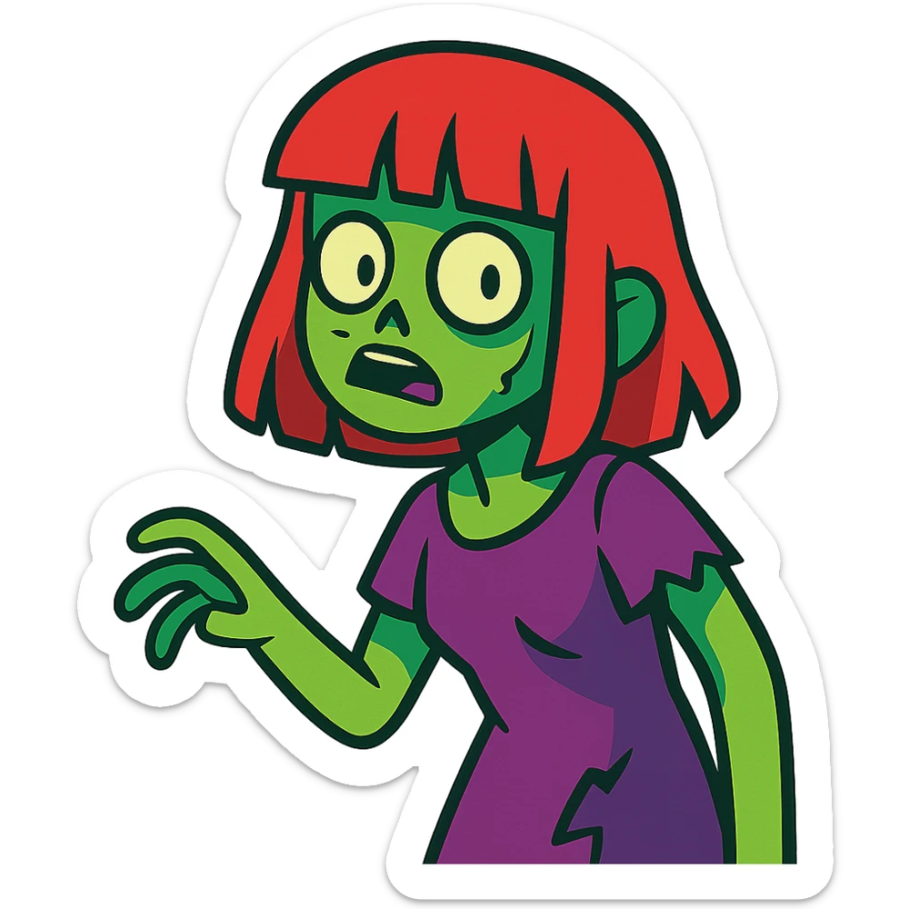 vibrant toon style zombie girl with red hair and bangs sticker