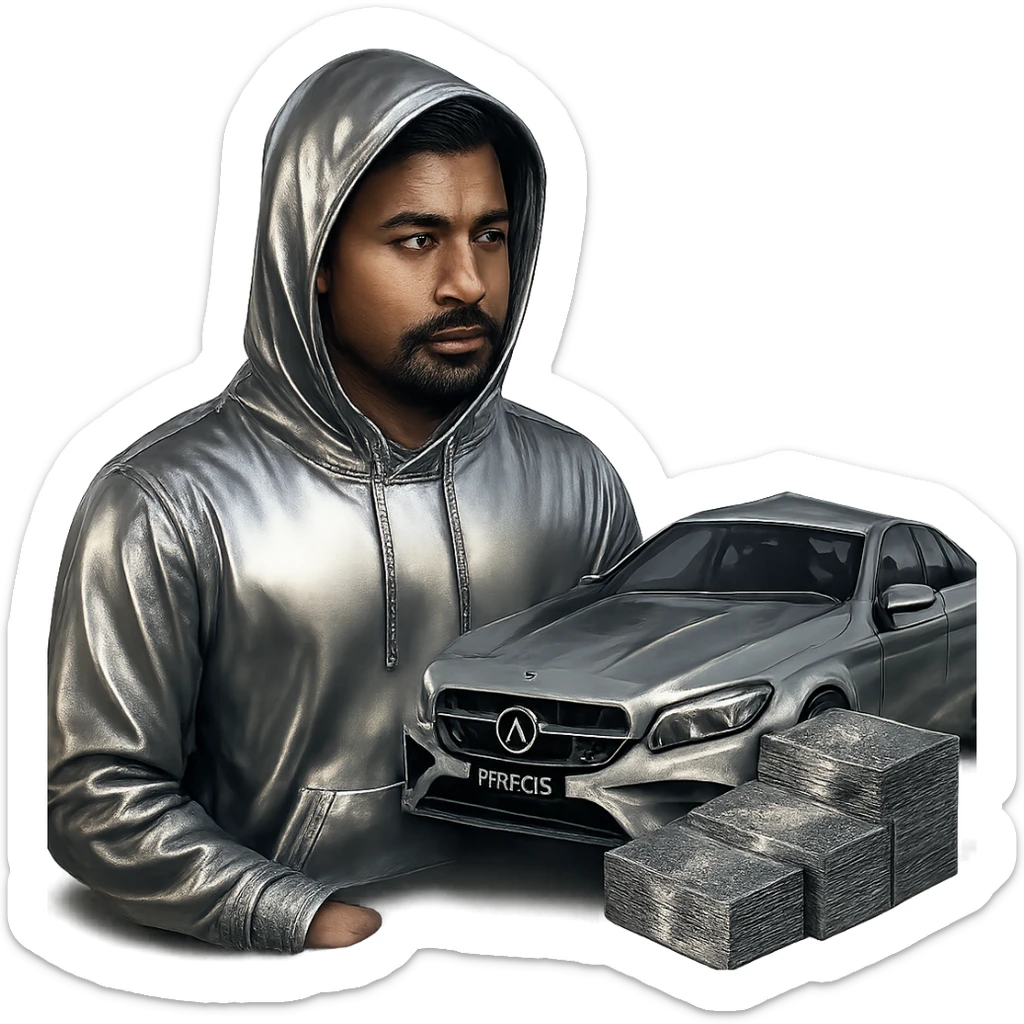 Make only the Indian man's hoodie chrome, keeping his skin and face natural. Add a goatee to the man. Include money on the side and a chrome AMG car in the scene. Keep the background transparent. sticker