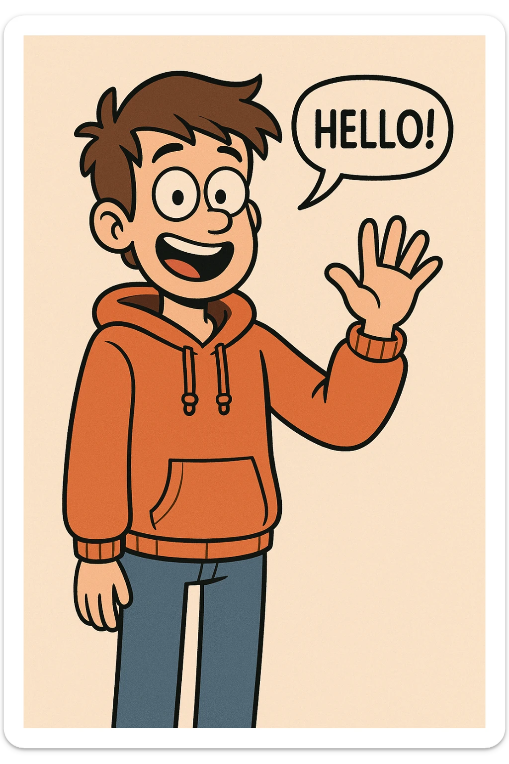 A boy brown hair how did say hello Orange hoodie blue jeans  sticker