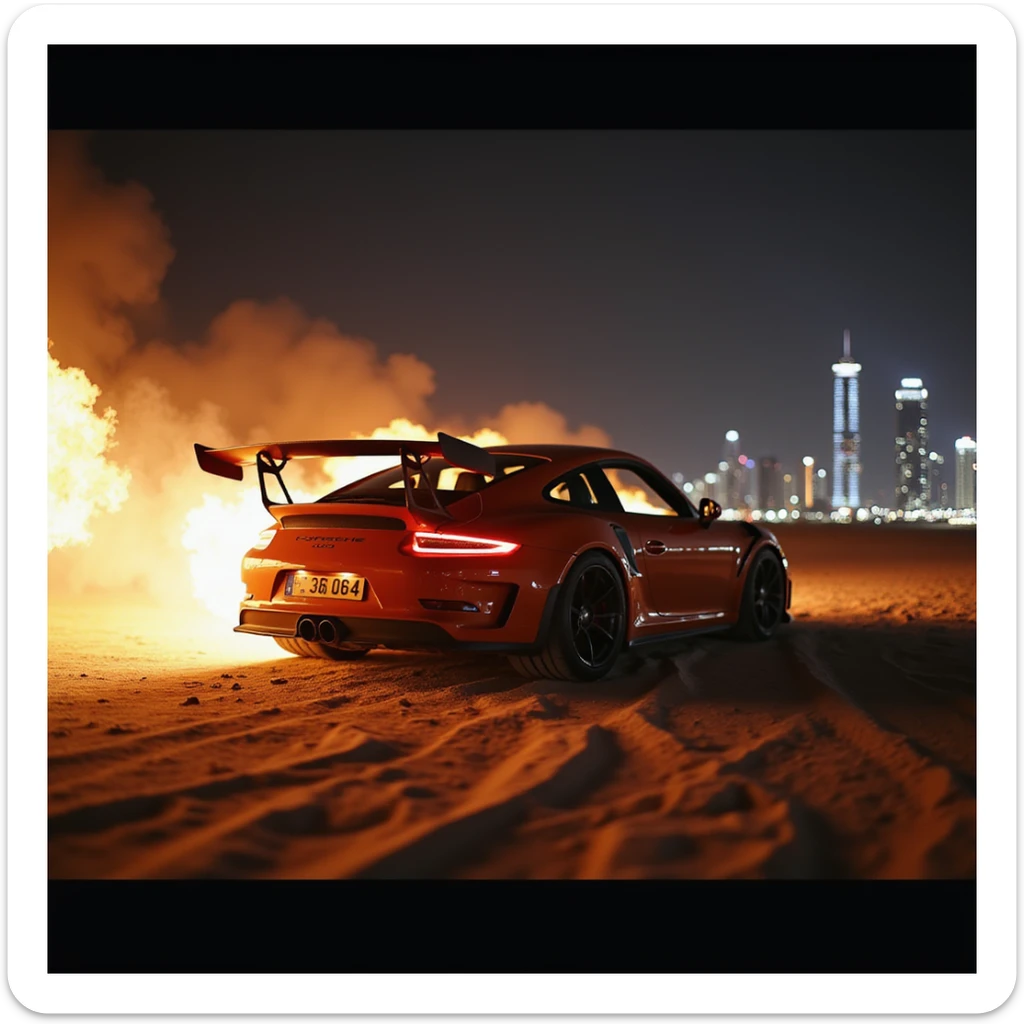 Cinematic shot, Porsche 911 gt3 rs in fire, desert, night, dubai city in background sticker