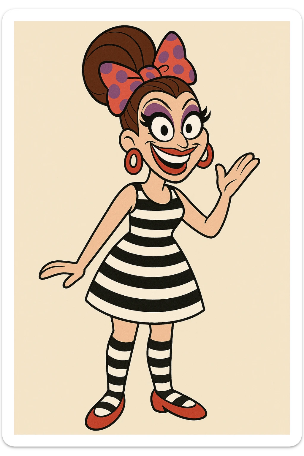 Bianca Del Rio red and purple spots hair ribbon colour dress black and white stripes socks red shoes  sticker