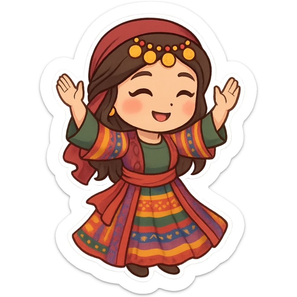 Cartoon sticker of a Kurdish woman in traditional colorful Kurdish female dress, dancing Kurdish dance with hands raised and traditional dance pose, no text, suitable for WhatsApp and Instagram, transparent background. sticker