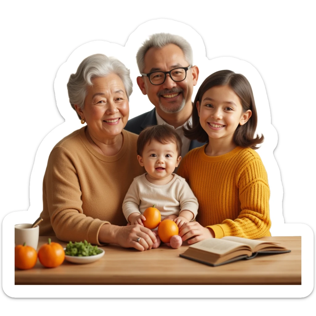 closeup front angle shot of a multigenerational family with grandparents parents and child, realistic facial features, warm lighting, skeuomorphism style sticker