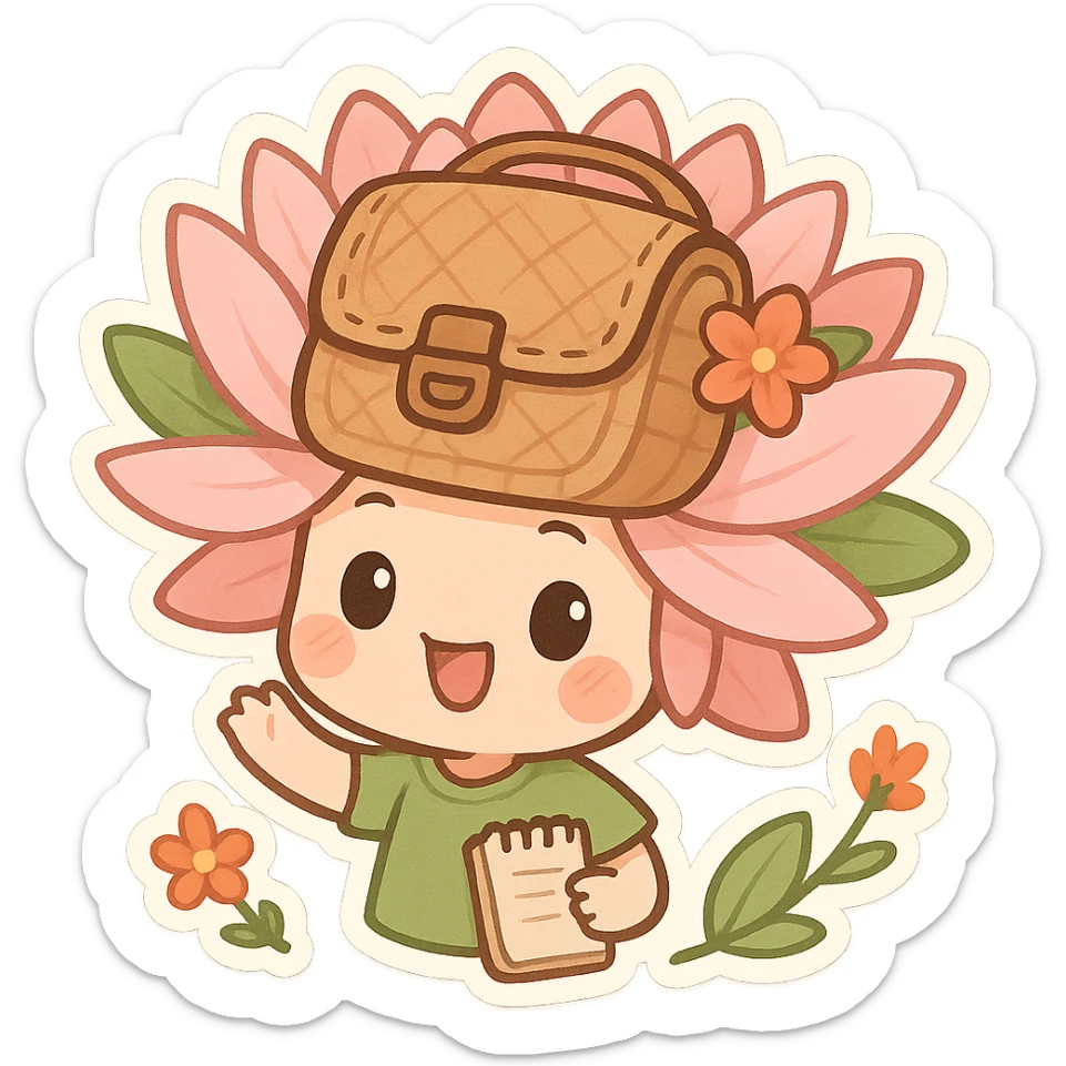 mascota para proyecto productivo, lirio de agua usando un bolso artesanal como sombrero, expresión juguetona, colores suaves y detalles florales sticker