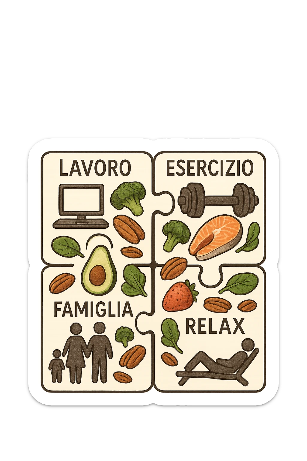 Puzzle (Lavoro, Esercizio, Famiglia, Relax), in lavoro metti icona di un PC, in Esercizio un Manubrio, in Famiglia una famiglia, in Relax qualcuno che riposa and healthy foods are integrated into each piece. in italiano sticker