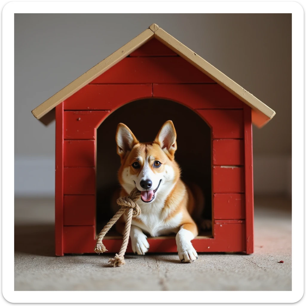realistic red dog house with a Corgi dog inside, Corgi with a rope toy, photorealistic style sticker