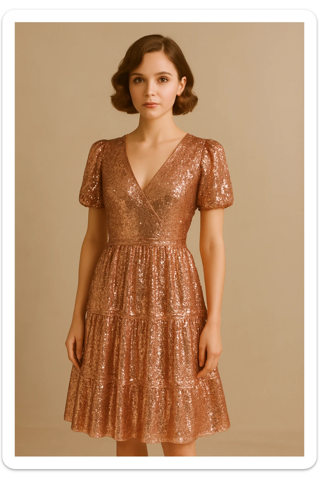 Change the pink dress to a shimmering rose gold with sequin details, keep the rest of the look the same, glamorous and eye-catching style. sticker
