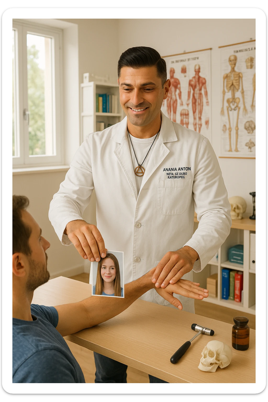 a middle-aged man, dressed in casual professional attire, is in a bright, organized therapy studio. Durante una visita di kinesiologia, il praticante tiene con una mano la foto di una persona lontana (il “testimone”) appoggiata su un tavolo, mentre con l’altra mano esegue un test muscolare su un cliente presente. Sullo sfondo si vedono libri di kinesiologia, poster anatomici e strumenti tipici della disciplina. L’atmosfera è concentrata e serena, con luce naturale che entra dalla finestra, sottolineando l’aspetto alternativo e umano della pratica. sticker
