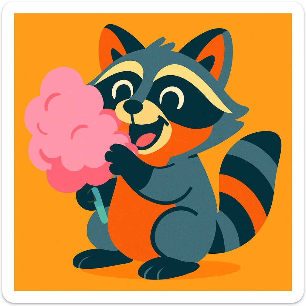 a raccoon eating cotton candy, fun and expressive style, vibrant colors, cartoonish, playful sticker