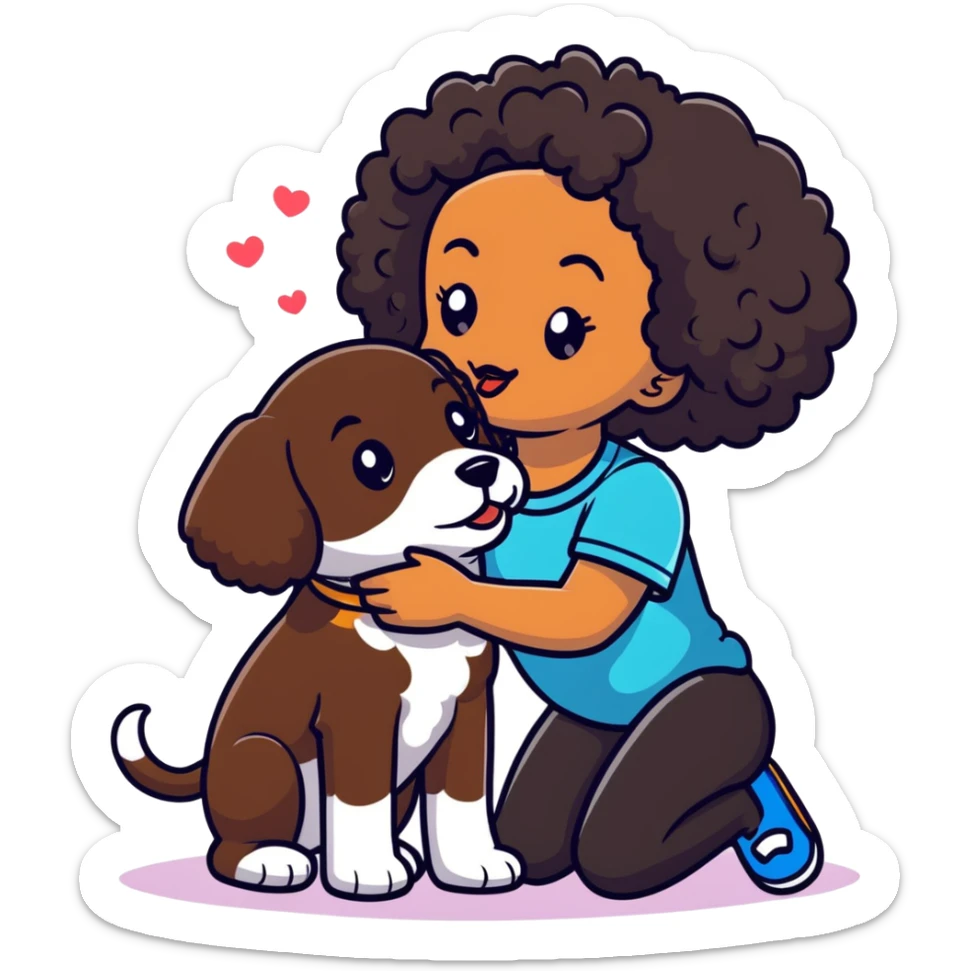 Black girl with curly hair kissing a puppy sticker