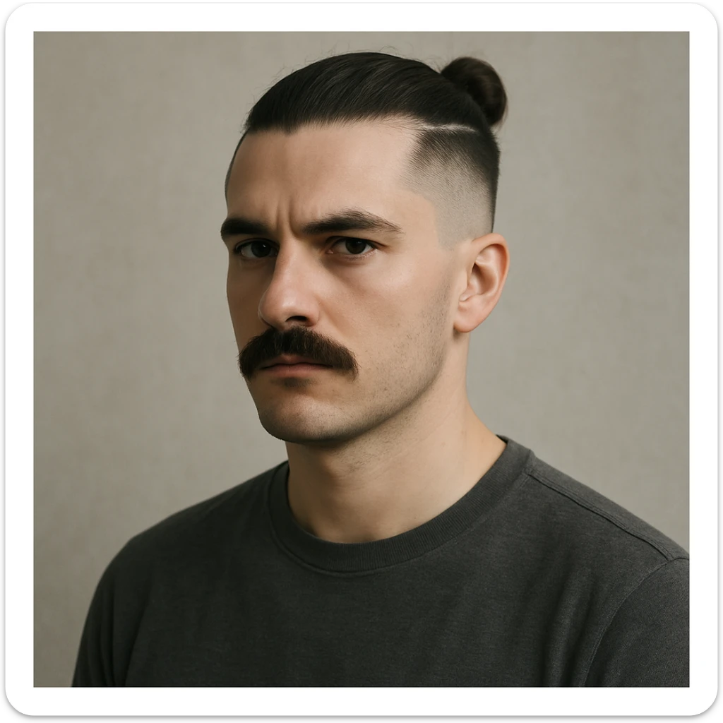 guy with a moustache and a man bun, low taper fade haircut, looking serious, neutral background sticker
